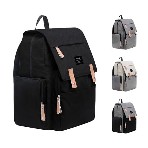 THE LAND Bolsa Mochila Maternidade, Original, Modelo Luxury, Marca d’água LANDUO, Até 7kg, 16 Bolsos Funcionais, Trocador, Ganchinhos, Impermeável, Térmica, Oxford 600D, Preto.