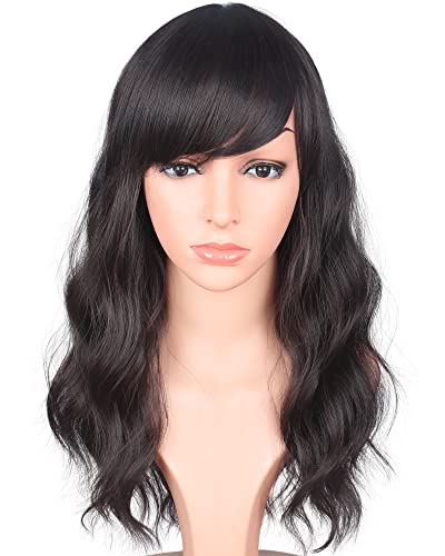 16 Inches Black Mix Brown Fashion Wavy Synthetic Hair Wigs For Black Women With Side Bangs Free Wig Cap (BLACK MIX BROWN(1B/33#))