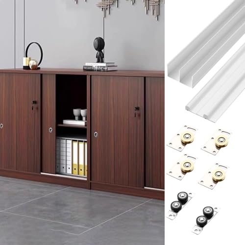 Bypass - Kit de herrajes para puerta corredera de armario para 2 puertas, rodillos de bolsillo interior y rieles para cocina y armarios, 19 pulgadas, color blanco, fácil instalación