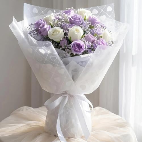 24 Stück Weiß und Rosa Papier für Blumenstrauß Wasserdicht Blumenpapier mit Herzmuster Verpackung TUIOLUI Blumenstrauss Geschenkpapier Bouquet Blumen Papier - 58x58 cm