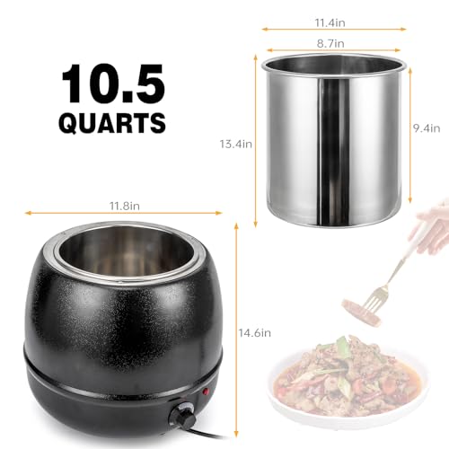 RIEDHOFF Commercial Soup Warmer, 10.5QT Soup Kettle with Hinged Lid and Detachable Stainless Steel Insert Pot, Suitable for Family Gatherings, Parties, Restaurants, and Buffets, Black