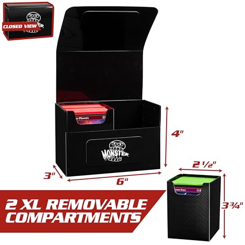 Monster Protectors Magnetic XL Double Deck Box - Black, Holds 200 TCG Cards, Self-Locking Closure -Travel Compact & Portable - Compatible with Pokémon Trading Cards - Fits Standard & Small Size