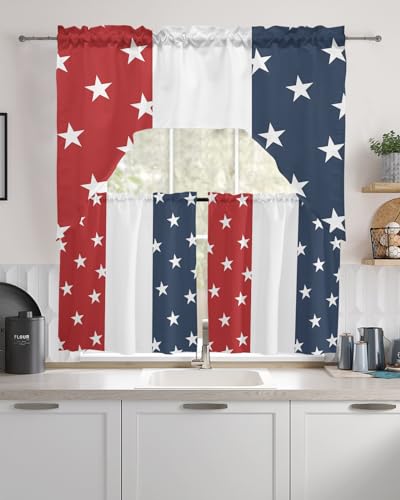 Stars Stripes Swag Kitchen Curtain Sets with Valance, 3 Pieces Rod Pocket Curtain Drapes for Bedroom Living Room Bathroom Cafe Windows, Independence Day Red Blue White 56''x36'' & 36''x27.5''x2Panels