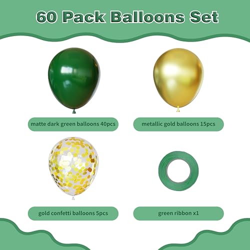 Image of Green and Gold Balloons,60Pcs Green Balloons | 12in Latex Balloon for Birthday, Graduation, St. Patrick's Day, Jungle Party Decorations