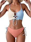 B2prity Women's Sexy Bikini Set Color Block Lace Up 2 Piece Bathing Suit Tie Side Swimsuit
