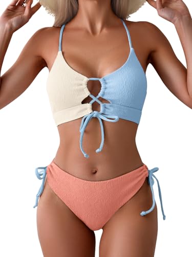 B2prity Women's Sexy Bikini Set Color Block Lace Up 2 Piece Bathing Suit Tie Side Swimsuit