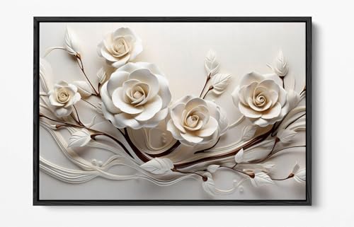 Toile roses blanches d'exception grand format encadré de noir mat - 2