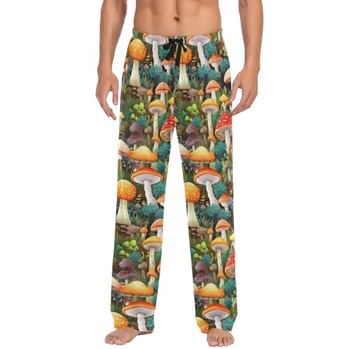 Men’s Watercolors Mushrooms Pajama Pants with Pockets, Comfortable Lounge Sleep Bottoms#351