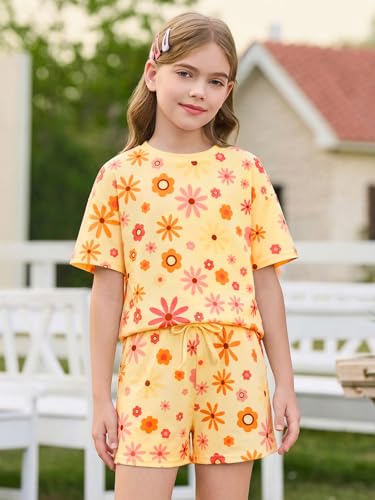 Image of Haloumoning Girls Summer 2 Piece Outfits Kids Oversized T Shirts and Shorts Clothing Sets 5-14 Years