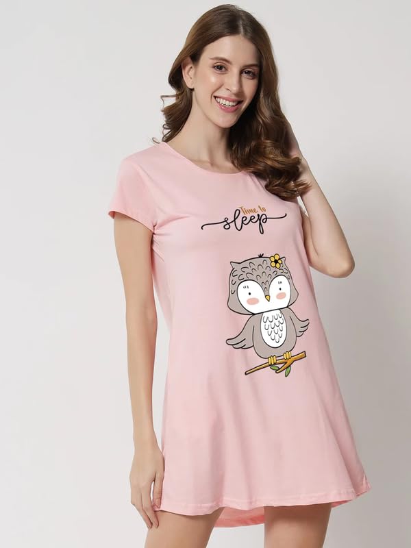 Image of Fflirtygo Women's Cotton Nighty | Printed Knee Length Night Gown |Relaxed Fit Nightwear |Short Nightdress| Long T-Shirt | Sleepwear & Casual Wear Nighty (Pack of 2)