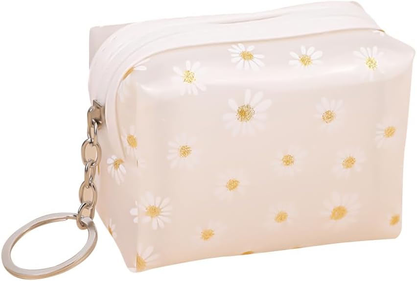Daisy Coin Purse Wallet Clear Change Pouch Bag Small Flower Makeup Bag Cute Floral Cosmetic Bag Waterproof Sanitary Napkin Storage Bag Transparent Credit Card Holder with Key Ring Purple
