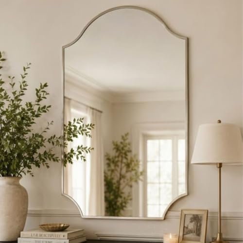 Image of TEHOME Scalloped Brushed Nickel Bathroom Vanity Mirror, Silver Decorative Bathroom Mirror, 24x32''