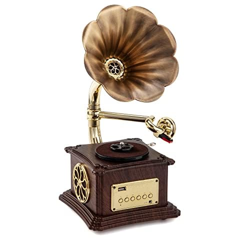 Mini Vintage Retro Phonograph Gramophone Vinyl Record Player Stereo Speakers 3.5mm Audio Blue Tooth 4.2/ Aux-in/Aux-Out/USB Input/FM … Cover