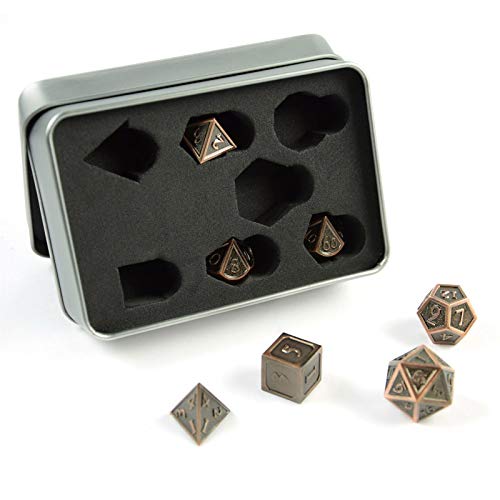 shibby Juego de 7 Dados poliedricos de Metal para Juegos de rol y Mesa con Aspecto de Cobre y Bronce, Incluye Caja de Almacenamiento Cover