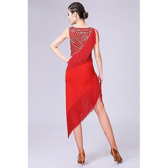 JRUIA Women's Latin Dance Dresses Tango Dancing Clothing Ballroom Dancewear Cha Cha Outfit Asymmetric Hem Fringe Skirt3