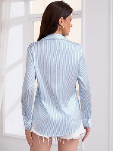 Image of Premium Soft Breathable Stretch Satin Silk Button Down Shirts for Women Long Sleeve Leopard Blouses Work Dress Tops