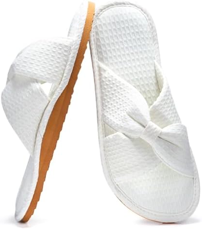 QIGEGE Slippers for Women with Arch Support House Slippers Bedroom Bubble Waffle Knit Fabric Bow Crossbands Slide Sandals Shoes Comfy Trendy Gift