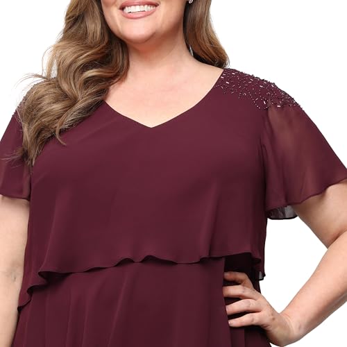 Image of S.L. Fashions Women's V-Neck Chiffon Cocktail Dress with Beaded Shoulders and Asymmetrical Tiers (Petite and Regular Sizes)