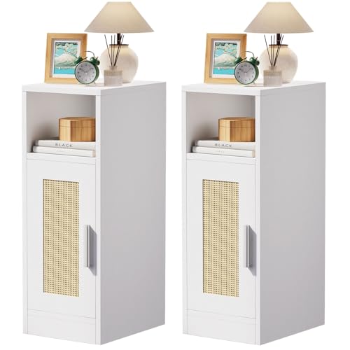 IBUYKE Ensemble de 2 Tables de Chevet Minces, Table de Nuit en Rotin avec Compartiments Ouverts et Placard pour Petits Espaces, Petite Table d'Appoint Étroite...