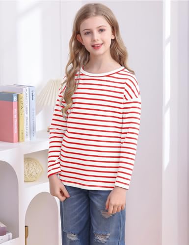 Image of Fanway&EC Girls Casual Long Sleeve T Shirts Basic Crewneck Striped Tunic Blouses Tops