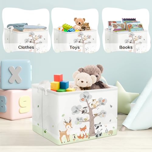 Image of Clastyle 36L Large Woodland Animal Tree House Baby Basket Rectangle Deer Fox Squirrel Shelf Basket with Handle Collapsible Book Toy Clothes Towel Nursery Storage Basket | Waterproof Large Dirty Clothes Book Gift Toy Organizer Bin, Nursery Playroom Bedroom Bathroom Shelf, Deer Fox Squirrel