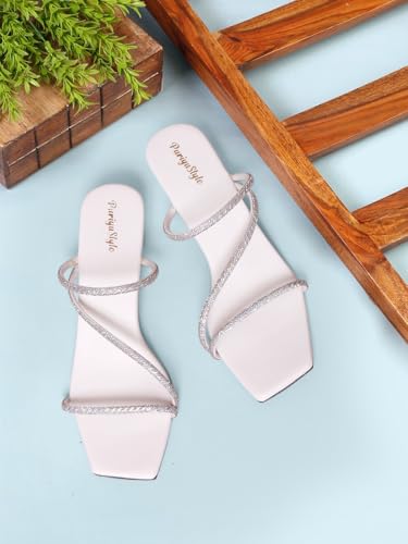 Image of Women's Lavender Block Heel Sandals with Rose Gold Glitter Straps, Ankle Strap Style, 2.5 Inch Heel, UK Size 3-8