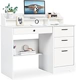 White Computer Desk with Drawers and Hutch, Modern Small Home Office Executive Desk for Bedroom, Small Space, White