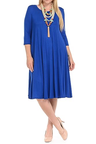 Pastel by Vivienne Women's Plus Size 3/4 Sleeve A-Line Swing Midi Dress – Flowy, Stretchy, Casual, and Comfortable Fit for All-Day Wear X-Large Royal Blue