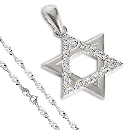 Jewish Star of David Necklace for Women - 925 Sterling Silver White Cubic Zirconia CZ Dainty Magen David Six-Point Star Pendant with Chain 20