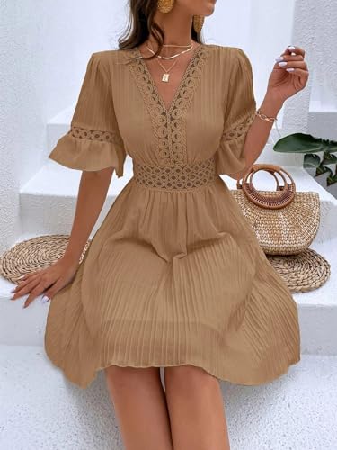 Image of Womens Summer Dresses V-Neck Lace Insert Flounce Casual Lightweight Sleeve Midi Dresses for Women 2025 Trendy