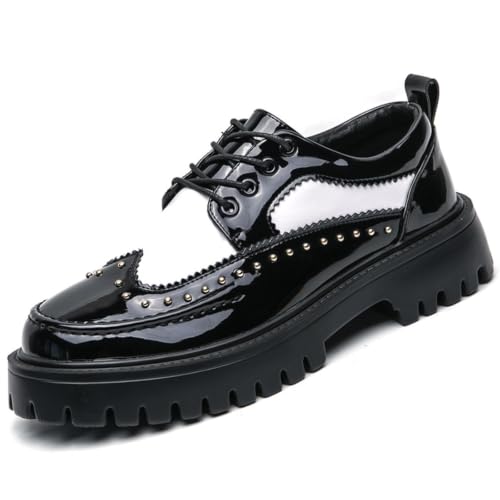 Image of Men's Patent Leather Platform Dress Shoes Classic Round Toe Thick Lug Sole Lace Up Oxfords Comfort Block Heel Derby Business Casual Shoes