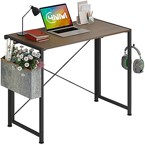 4NM 35.4" Small Desk with Storage Bag and 2-Hook No-Assembly Folding Computer Desk Home Office Desk Laptop Study Writing Table - Brown and Black Cover