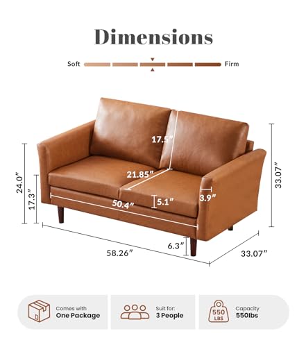 Image of Kingfun 58 inch Faux Leather Loveseat Sofa, Mid Century Modern Leather Couch for Living Room, Small Love Seat for Small Spaces, 2-Seater Mini Sofa with Rolled Arms and Deep Seats, Easy Assembly, Mid Brown