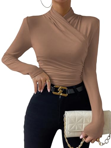 SweatyRocks Women's Ruched Mock Neck Long Sleeve T Shirt Solid Slim Fitted Tee Tops Coffee Large