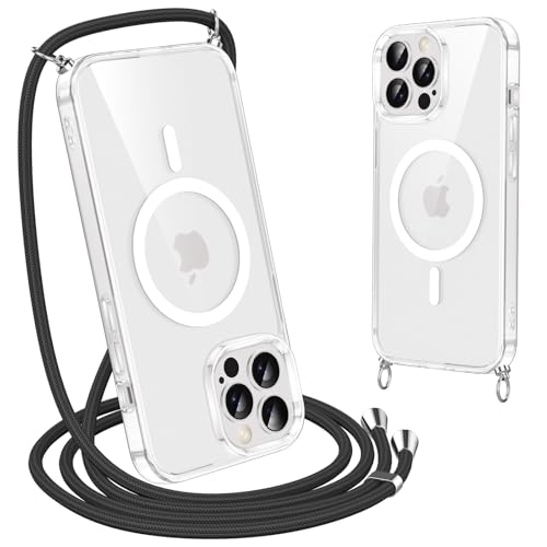 Olgary Magnetisch Handyband Hülle mit Band für iPhone 13 Pro [Kompatibel mit Magsafe] Necklace Handyhülle Schutzhülle zum Umhängen Kordel Transparent Stoßfest Kratzfest Case Schwarz