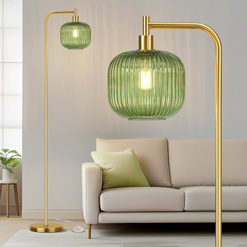 QiMH Glass Floor Lamp for Living Room, Modern Standing Lamp with Ribbed Glass Lampshade Pedal Switch, 67” Tall Lamp for Bedroom Study Room, Brushed Gold (2700K LED Bulb Included)