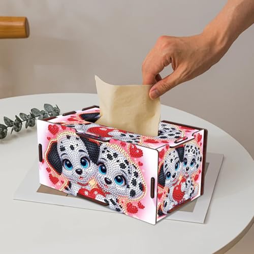 Image of DIY Diamond Art Tissue Box - Wooden Rhinestone Craft Kit with Dalmatian Dog & Red Heart Design, Cute Desktop Tissue Holder for Home Office Decoration