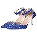 Imagen de Jamron Mujer Elegante Puntiagudo Zapatos Stilettos de Pulsera Encaje Floral Perlas Zapatos de Novia Azul SN0703212-1 EU37
