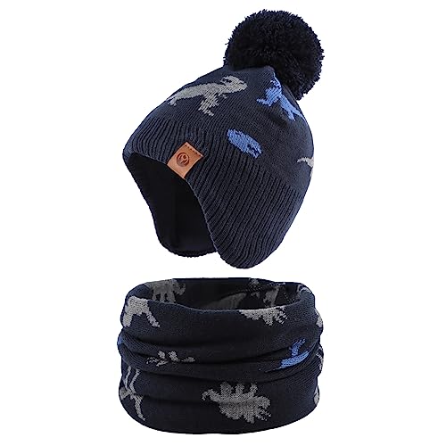 XIAOHAWANG Baby Strickmütze Winter Babymütze Junge Warme Kindermütze Junge Beanie Mütze Dicke Wintermütze für Herbst,Winter (Marine Dinosaurier(Hut+Schal), 2-4Jahren)