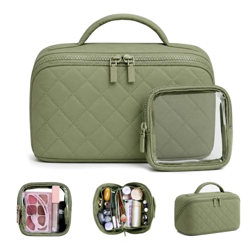 Image of Batfield Makeup Pouch Bag for Women, 2Pcs Waterproof Puffer Set with 180 Flat Open, Travel Large Capacity Makeup Bag for Women with Brush Compartment & Handle for Vacation, Business Trip (Green)