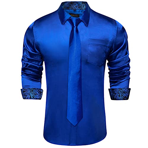 DiBanGu Royal Blue Satin Long Sleeve Dress Shirt for Men with Tie and Pocket Square Set Solid Color Button Down Shirts XX-Large
