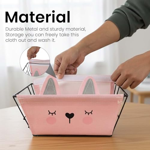 Image of Go Hooked Cute Pink Animal Design Storage Basket for Kids | Strong Metal Wire Organizer with Detachable Fabric Liner | Multipurpose Basket for Toys, Fruits, Snacks, Bathroom, Wardrobe & Home Decor