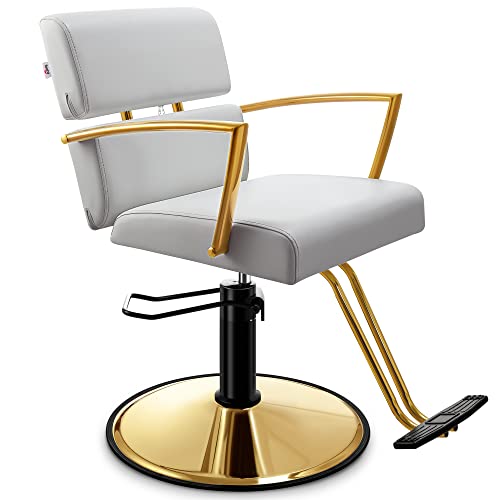 Baasha Salon Chair For Hair Stylist, Gold With Gray Leather Hair Salon Chair, Heavy-Duty Styling Chair Beauty Hair Chair, 360° Swivel, Max Load Weight 330 Lbs - Shiny Gold & Gray #TOP18