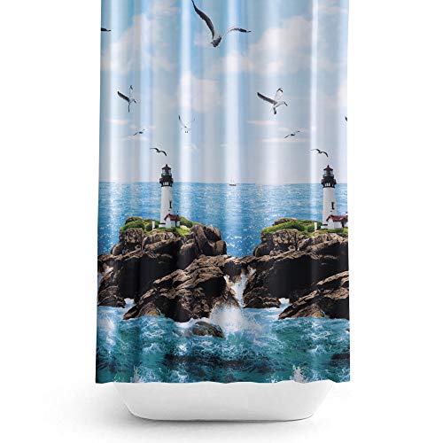 Extra Long Fabric Bathroom Shower Curtain, 180cm Wide by 200cm Drop, Seaview with Lighthouse
