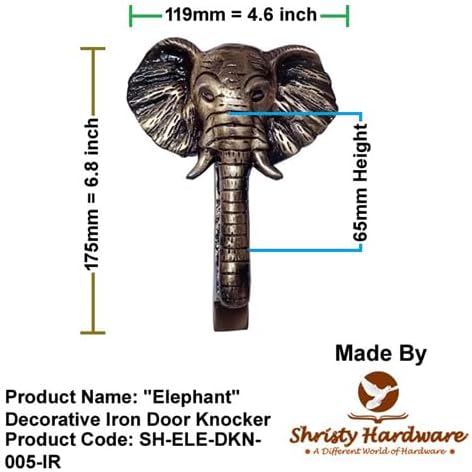 Shristy Hardware "Elephant" Decorative Iron Door Knocker for Door Front - Exterior for Home Iron Door Knocker Front Door Entry Knocker - (Pack of 1 - Black Powder Coated Finish)