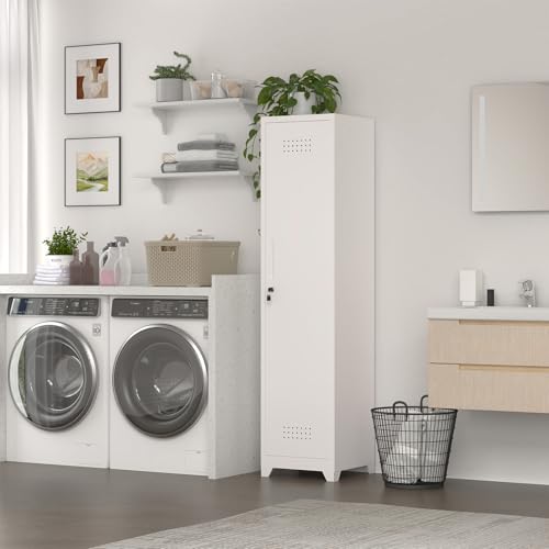 Image of Slim Broom Storage Cabinets, Metal Cabinet with Shelves and Hanging Rod, 15.75 inch W Utility Storage Cabinet with Locking Door, Slim Cabinet for Small Spaces, Kitchen, Pantry, Office, Shop
