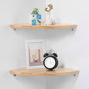 12 inch Corner Wall Shelf Set of 2, Solid Wood Corner Floating Shelves for Wall, Round End Wall Mounted Floating Shelf for Bedroom, Living Room and Kitchen (Burlywood-12 inch)