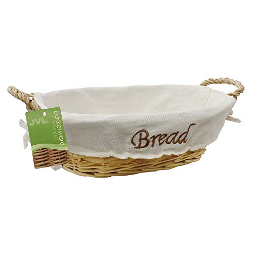 JVL Oval Willow Wicker Bread Basket with Cotton Lining 28 x 21 x 9cm