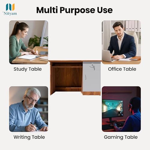 Image of NITYAM Wooden Computer Table with Keyboard Tray, Storage Drawer, CPU Printer Space, for Home Office, Adults, Students (Warranty: 1 Year, Color-Walnut & White)