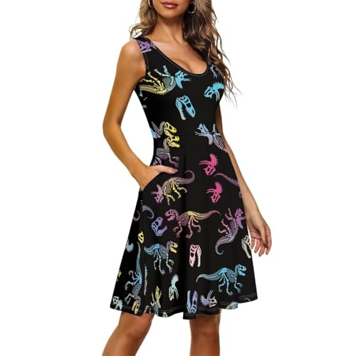 Image of Women Stylish Tank Dresses Sleeveless Round Neck Midi Casual Dress with Pocket for Summer